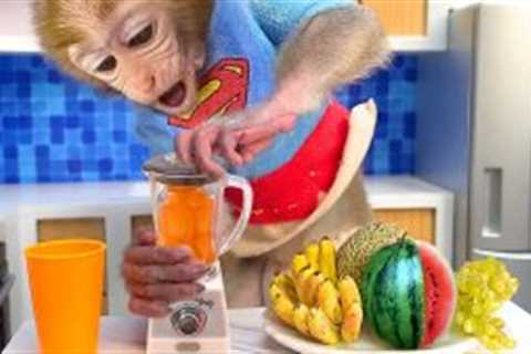 Monkey Baby Bon Bon drinks fruit smoothies and plays with puppy in a garden full of rainbow balls